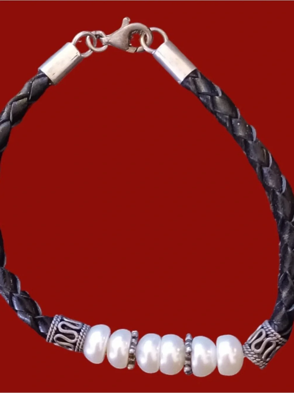 925 Sterling Silver Natural Pearl Braided Leather Bracelet 7.5